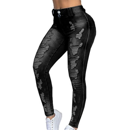 Womens Stretch Ripped Pencil Pants Jeans Skinny Long Trousers Frayed ...