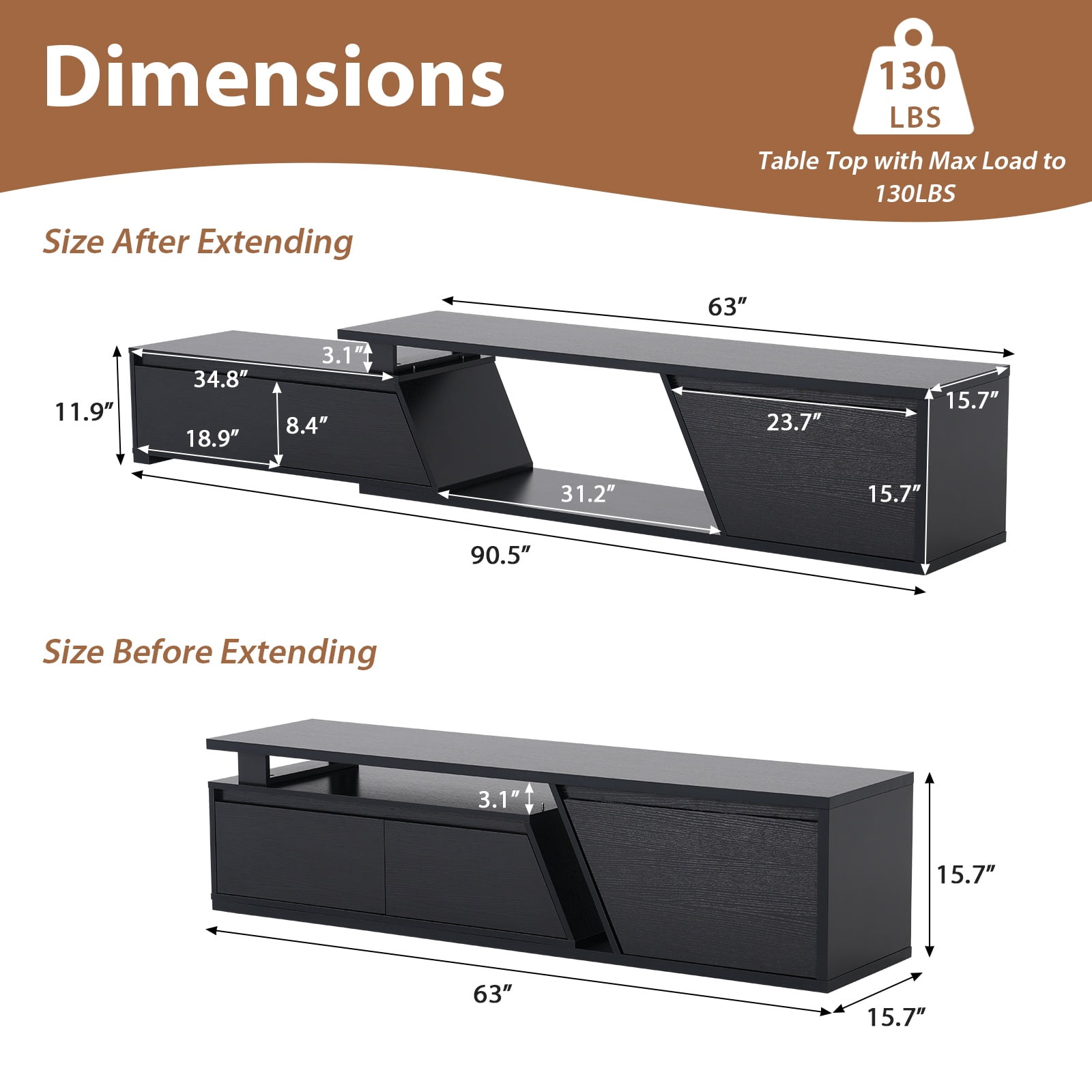 JOIVI Extendable LED TV Stand, Modern Entertainment Center with 2 Drawers, Sliding Tabletop Media Console with Storage Cabinet for Living Room, 63.0" - 90.5", Black