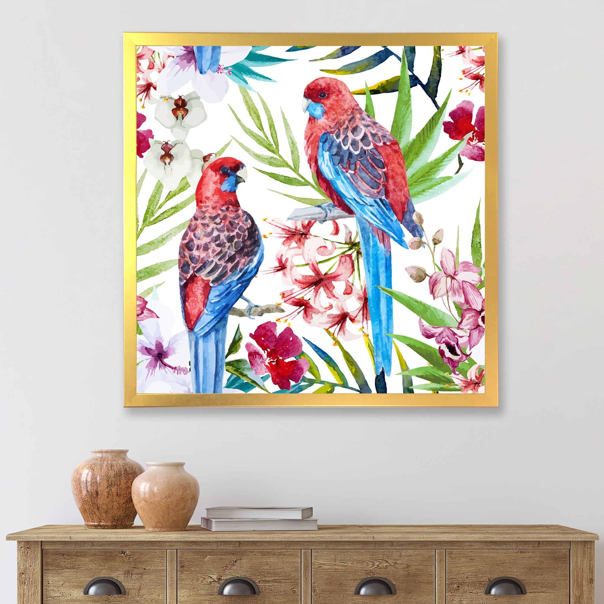Designart 'Rosella Birds Sitting On Flowers Tree Branch' Traditional Framed Art Print