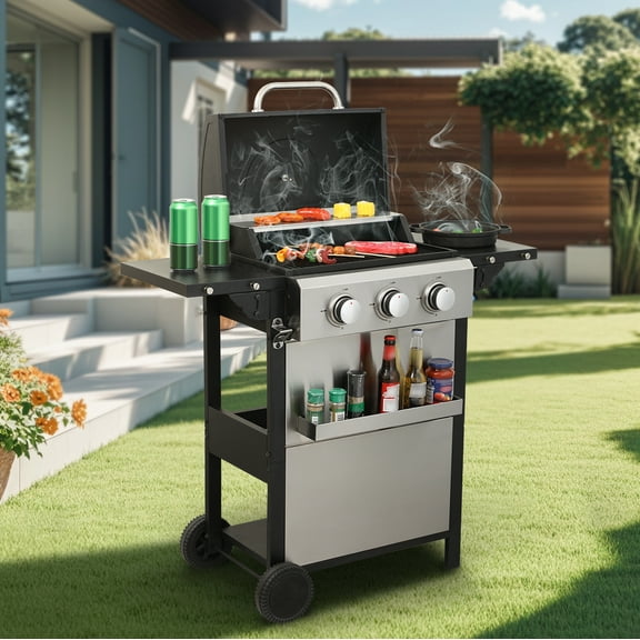 3-Burner Propane Gas BBQ Grill, 25650BTU Stainless Steel Outdoor Barbecue with Foldable Side Tables, Enamel Cooking Grids & Auto Ignition – Perfect for Garden, Patio, and Camping