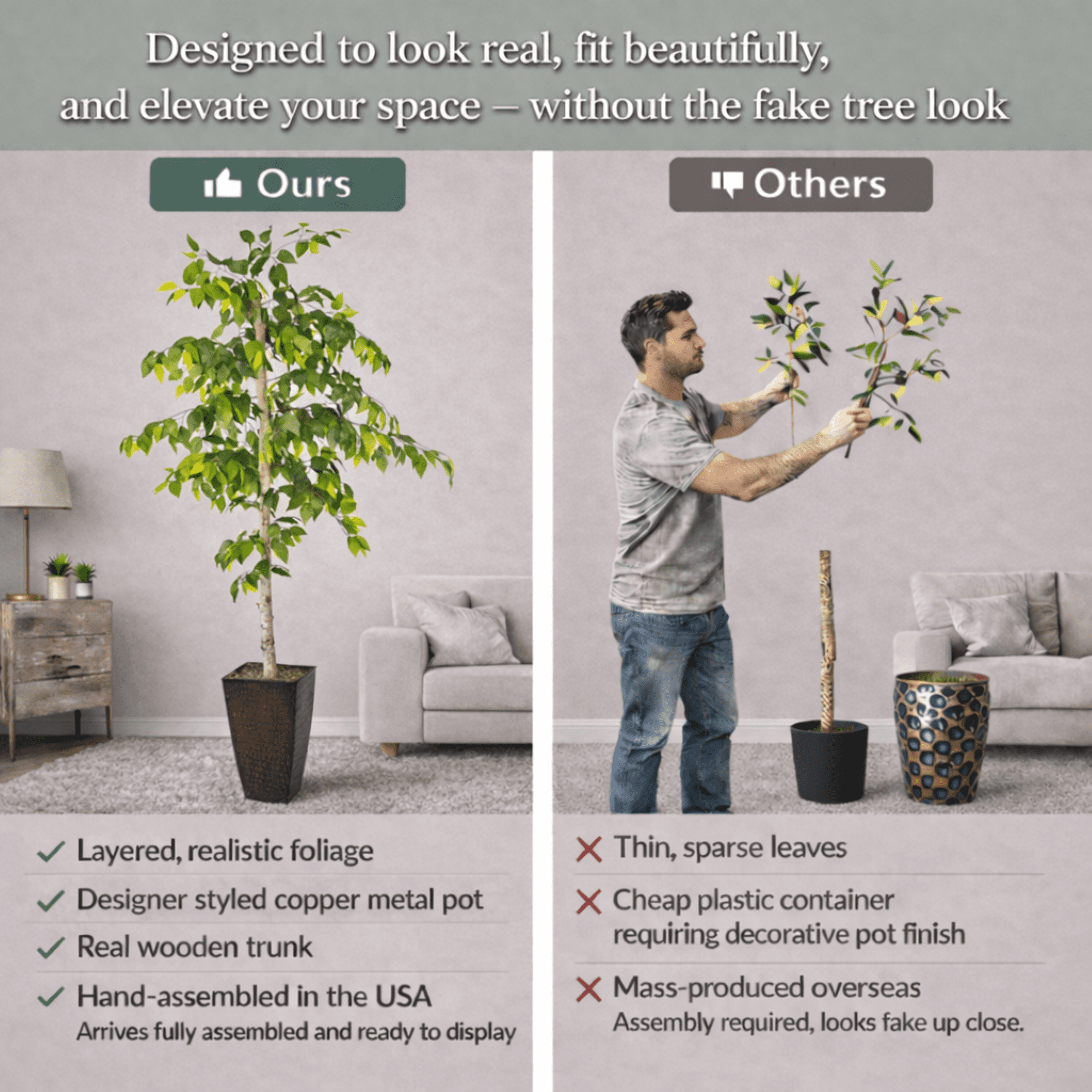 Artificial Tree, 6ft Artificial Designer Ficus Tree in a Copper Embossed Metal Pot by LCG Florals, Faux Designer Fake Indoor Tree for Living Room, Office, and Home Décor