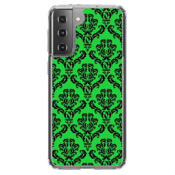 DistinctInk Clear Shockproof Hybrid Case for Galaxy S21  PLUS 5G (6.7" Screen) - TPU Bumper, Acrylic Back, Tempered Glass Screen Protector - Green Black Damask - Floral Damask