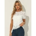 thumbnail image 2 of DARING DIVA Round Neck Scalloped Trim Floral Lace Top L Cream White, 2 of 6