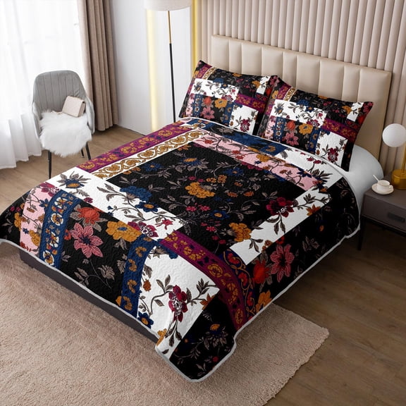 Floral Patchwork King Quilt Set - Boho Soft Microfiber Bedspread Bed Cover & Pillow Shams, Lightweight Reversible All Season Bedding - Dark Vintage Style for Farmhouse Decor