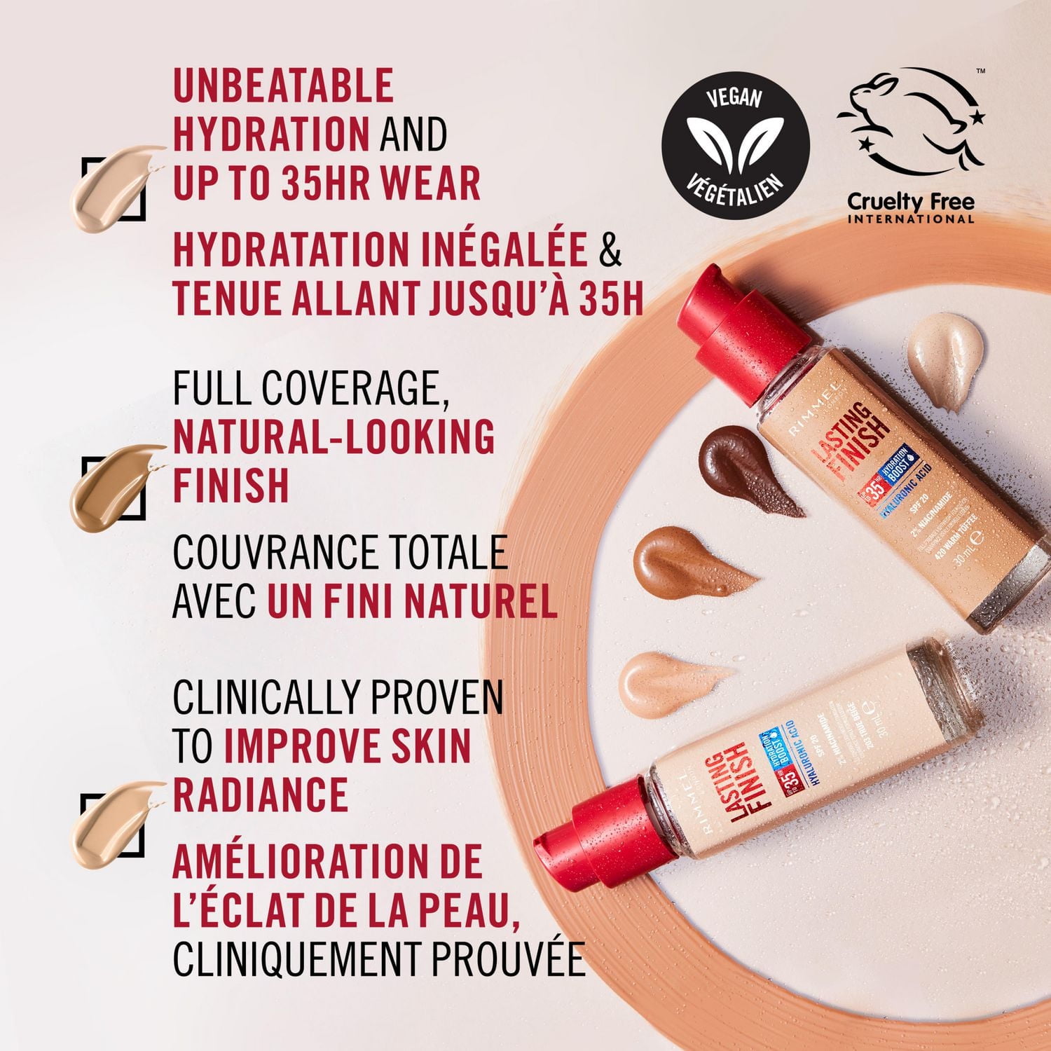 Rimmel Lasting Finish 35 Hour Fond de teint, longue tenue, hydratant, formule végétalienne, couvrance totale Une tenue allant jusqu'à 35 h