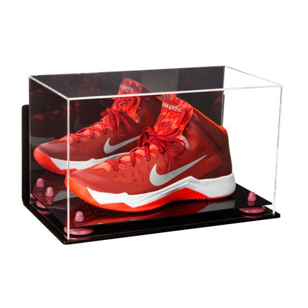 Acrylic Large Shoe Display Case for Basketball Shoe Soccer Cleat Football Cleat with Mirror, Wall Mount, Pink Risers and Black Base (V11)