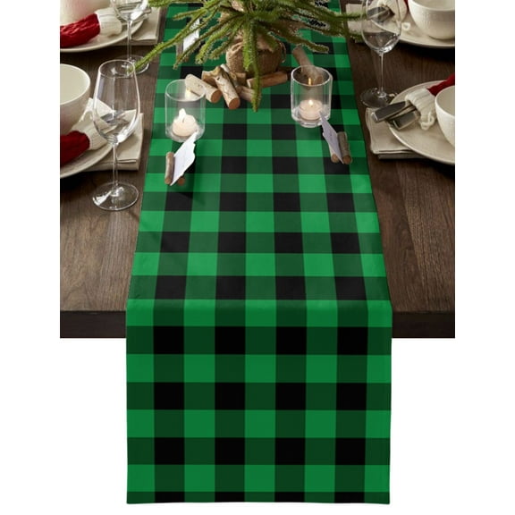Dark Green Buffalo Check Table Runner 48 Inches, Rustic Modern Art Green Plaid Bed Runner Dresser Scarves Tabletop for Indoor Outdoor Parties/Ceremony/Banquet, 13" x 48"