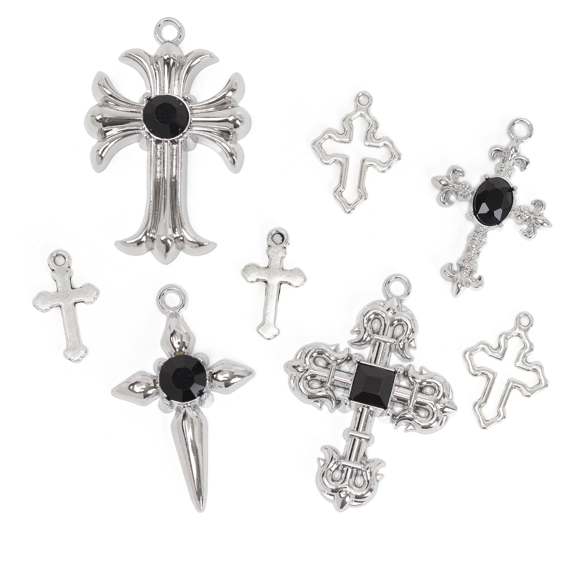 (2 pack) Cousin DIY Silver Cross Charms with Black Stones, 8 Piece, Adult, Unisex, Model 69995696