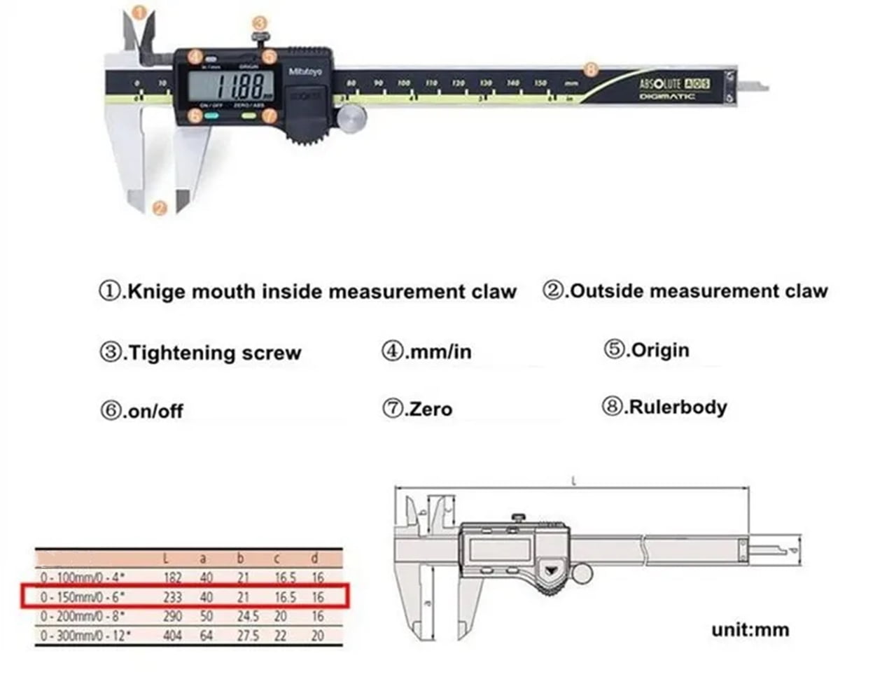 Mitutoyo 500-197-30 Style Digital Caliper Advanced Onsite Sensor AOS Electronic Micrometer Ruler 500 Series, 0" to 8"/0 to 200mm Measuring Range, 0.0005"/0.01mm Resolution, AOS