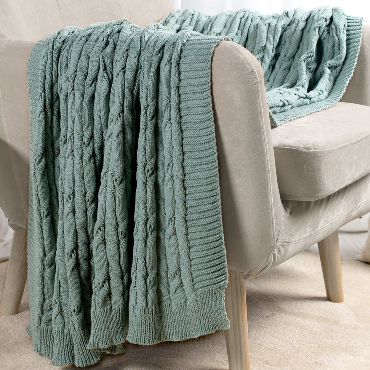 Carriediosa Cable Knit Throw Blanket Farmhouse Decor for Couch Chair Bed Sofa, 50" x 60" Sage Green