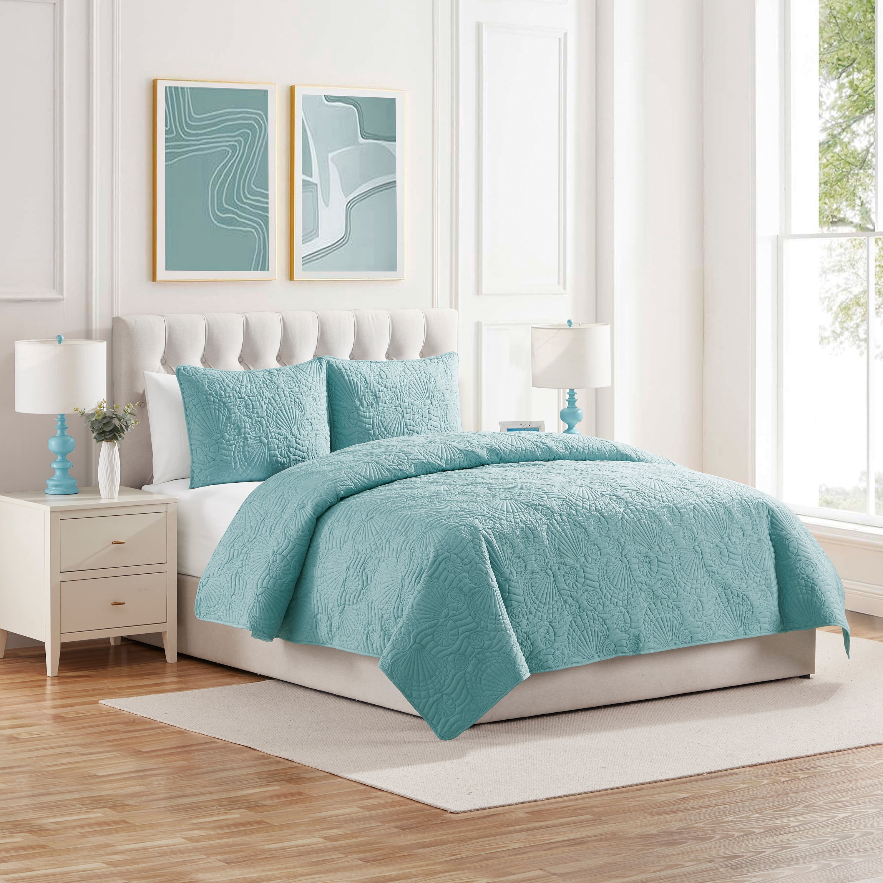 VCNY Home Ocean Coastal 3-Piece Seafoam Green Textured Seashell Quilt Set, Full/Queen, Adult, Unisex