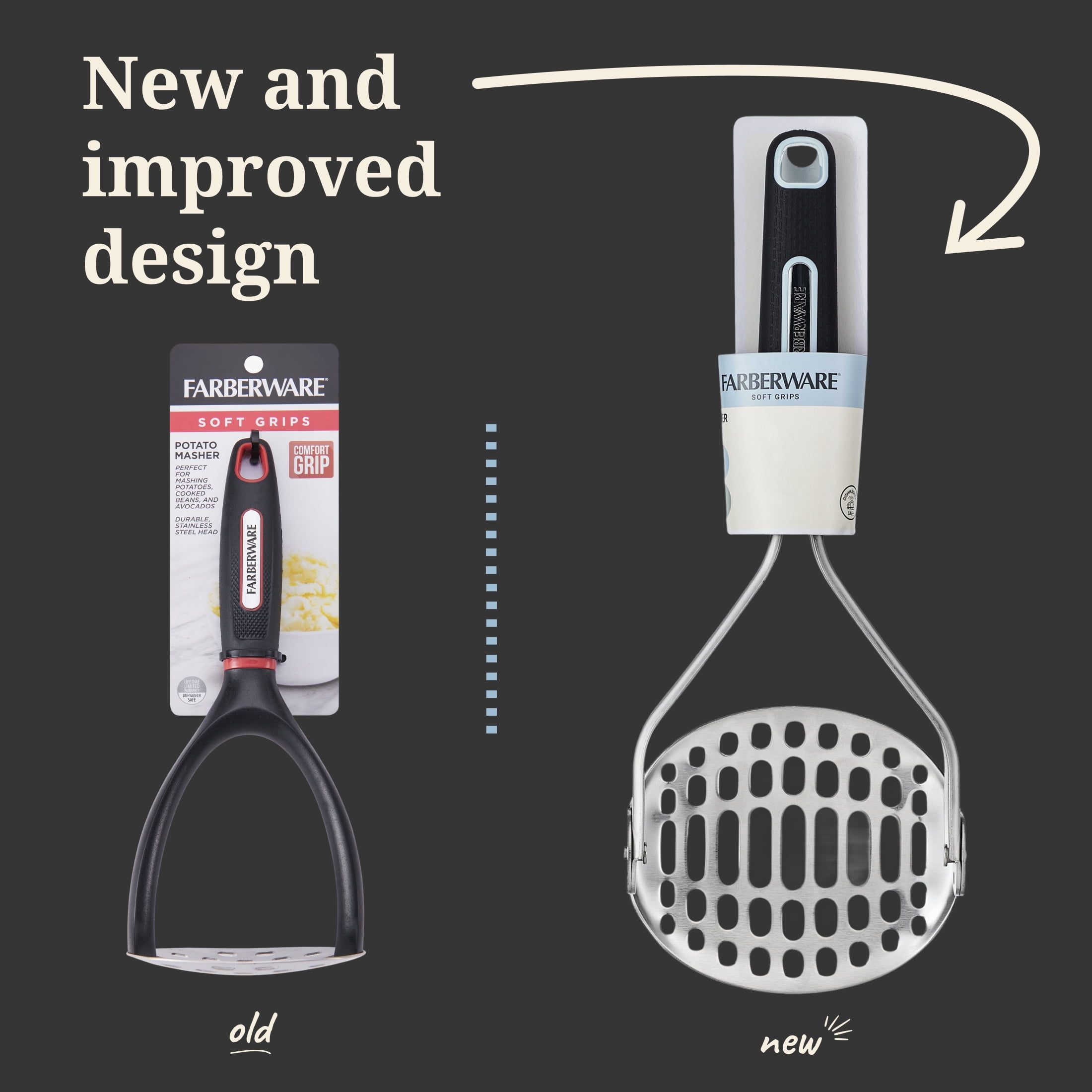 Farberware Soft Grips Space-Saving Folding Stainless Steel Potato/Food Masher Black