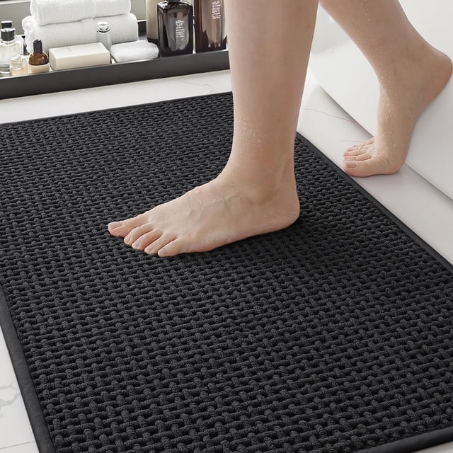 Alfombra de Baño Antideslizante 44 x 75 cm, Tapete de Baño Chenile Absorbente Lavable a Máquina, Alfombra Rectangular para Baño, Bañera, Ducha (Negro)