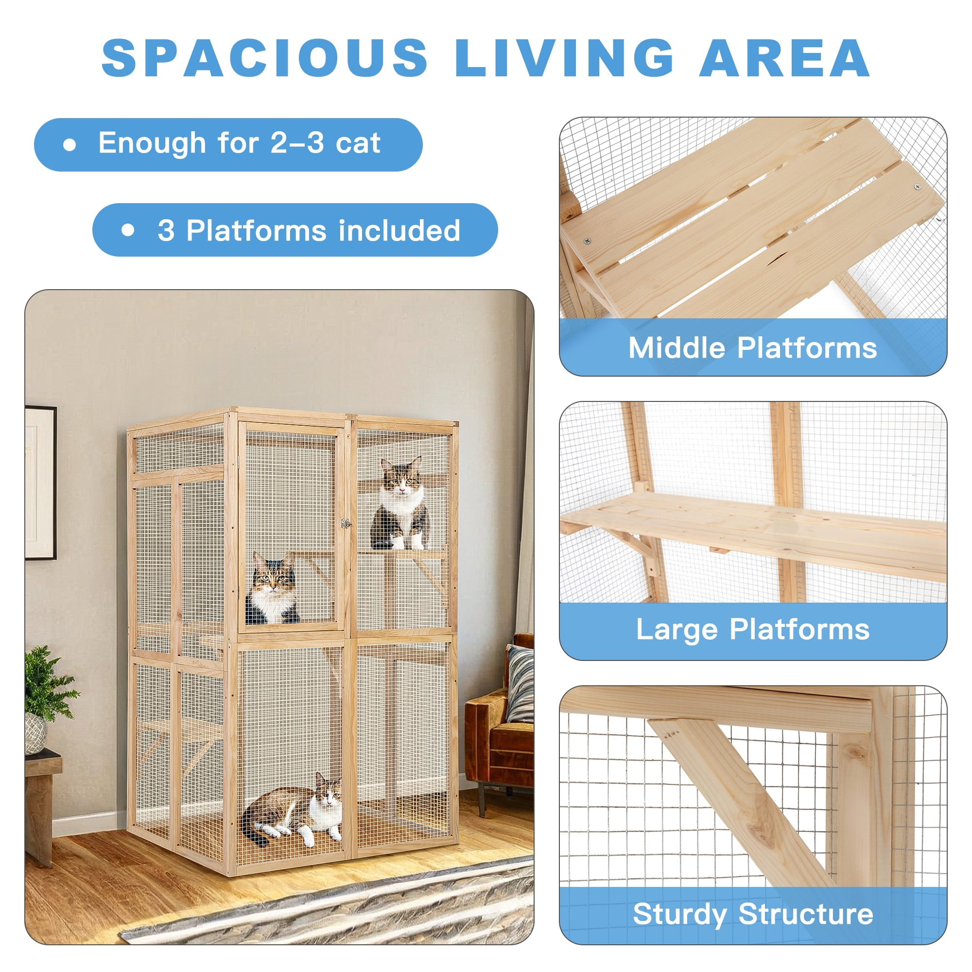 Pefilos 64" Cat House Outdoor Catio Cat Enclosures Wooden Kitty House with Platforms, Waterproof Roof, Hammock, Beige