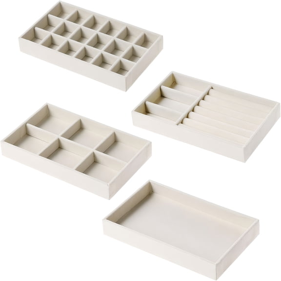 LAMIRO Set Of 4 Jewelry Tray, Jewelry Storage Organizer Drawer Display Holder For Earrings, Necklaces, Bracelet Beige