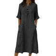 thumbnail image 6 of Atogsazn Women's Summer Linen Midi Dress Loose Button Short Sleeve Crew Neck Sundress Flowy Casual Dresses Dark Gray L Fashion, 6 of 7