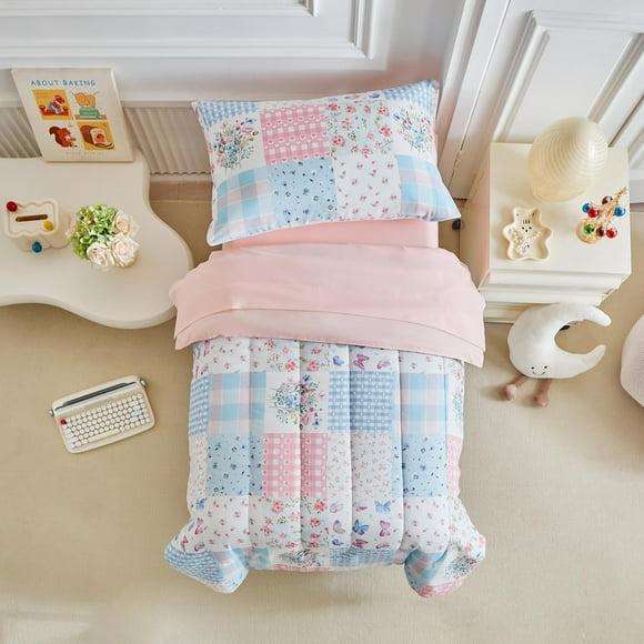 Set de ropa de cama para niños pequeños Joyreap rosa azul con diseño de retazos 107x145 cm