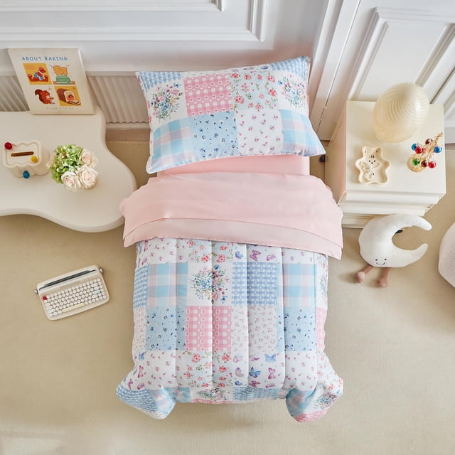 Set de ropa de cama para niños pequeños Joyreap rosa azul con diseño de retazos 107x145 cm