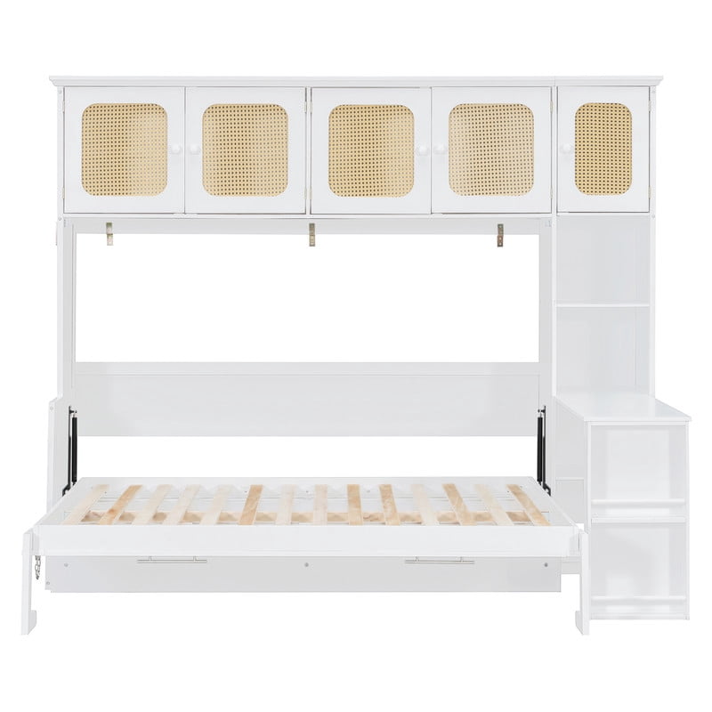 Full Size Murphy Bed with Desk and Open Shelf, Space-Saving Wall Folding Platform Bed Frame with Rattan-Door Cabinets