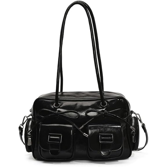 KKLDOGS Bow Decor Multi-pocket Shoulder Bag, Large Capacity PU Leather Handbag, Versatile Crossbody Travel Tote Purse with Detachable Strap(Black)