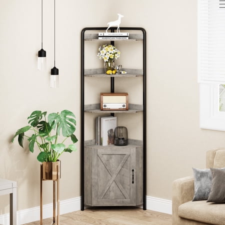 Garvee Corner Shelf 5-Tier with Storage, Corner Bookshelf Stand Storage Rack Plant Stand for Living Room, Home Office, Kitchen, Small Space, Grey