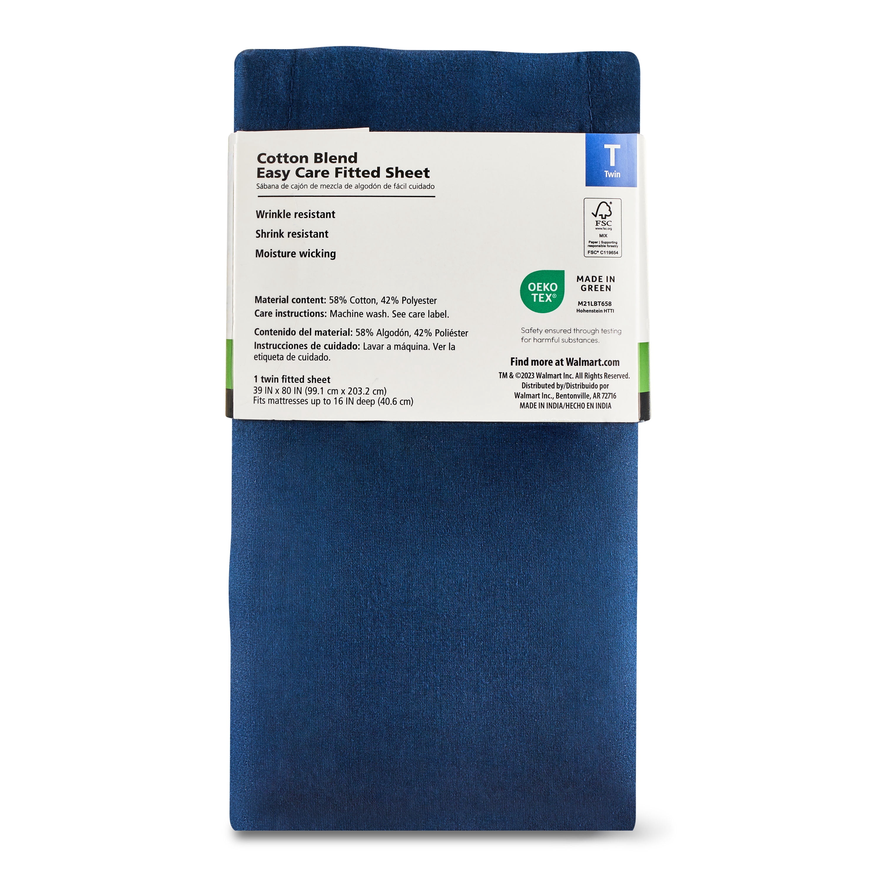 Mainstays 300 Thread Count Easy Care Blue Cove Cotton Blend Percale Fitted Bed Sheet, Twin