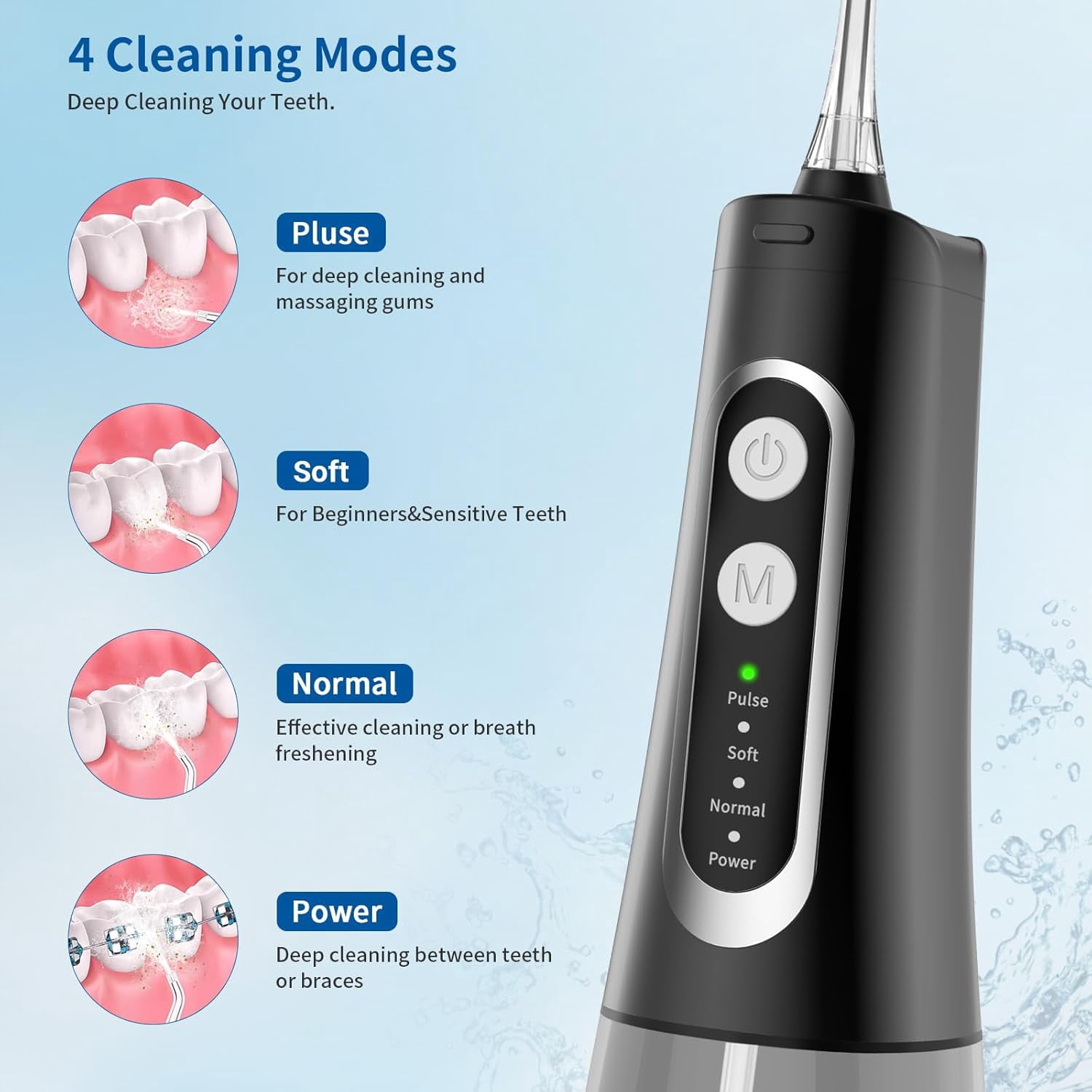 Oral Irrigator Cordless Rechargeable, 300ml Water Tank, 4 Modes (Soft/Normal/Pulse/Tongue Cleaner), IPX7 Waterproof Portable Water Flosser for Travel