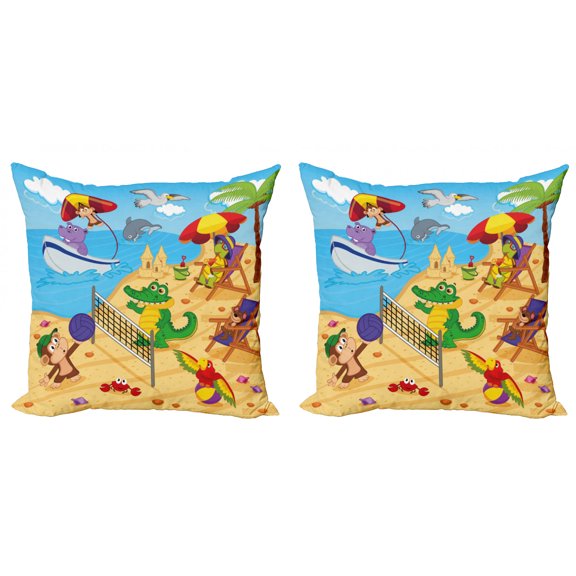 Ambesonne Animal Throw Pillow Cover 2 Pack, Cartoon Animals on Beach, 16", Multicolor