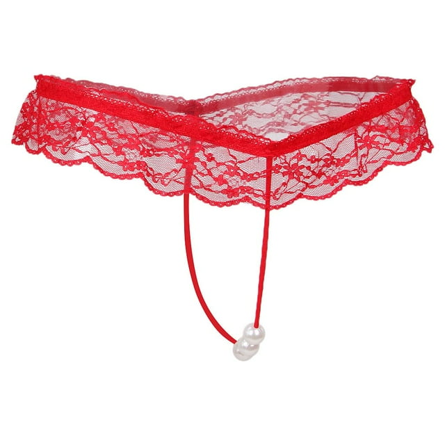 Braguitas elegantes de encaje transparente con espalda en T y perlas para mujer rojo