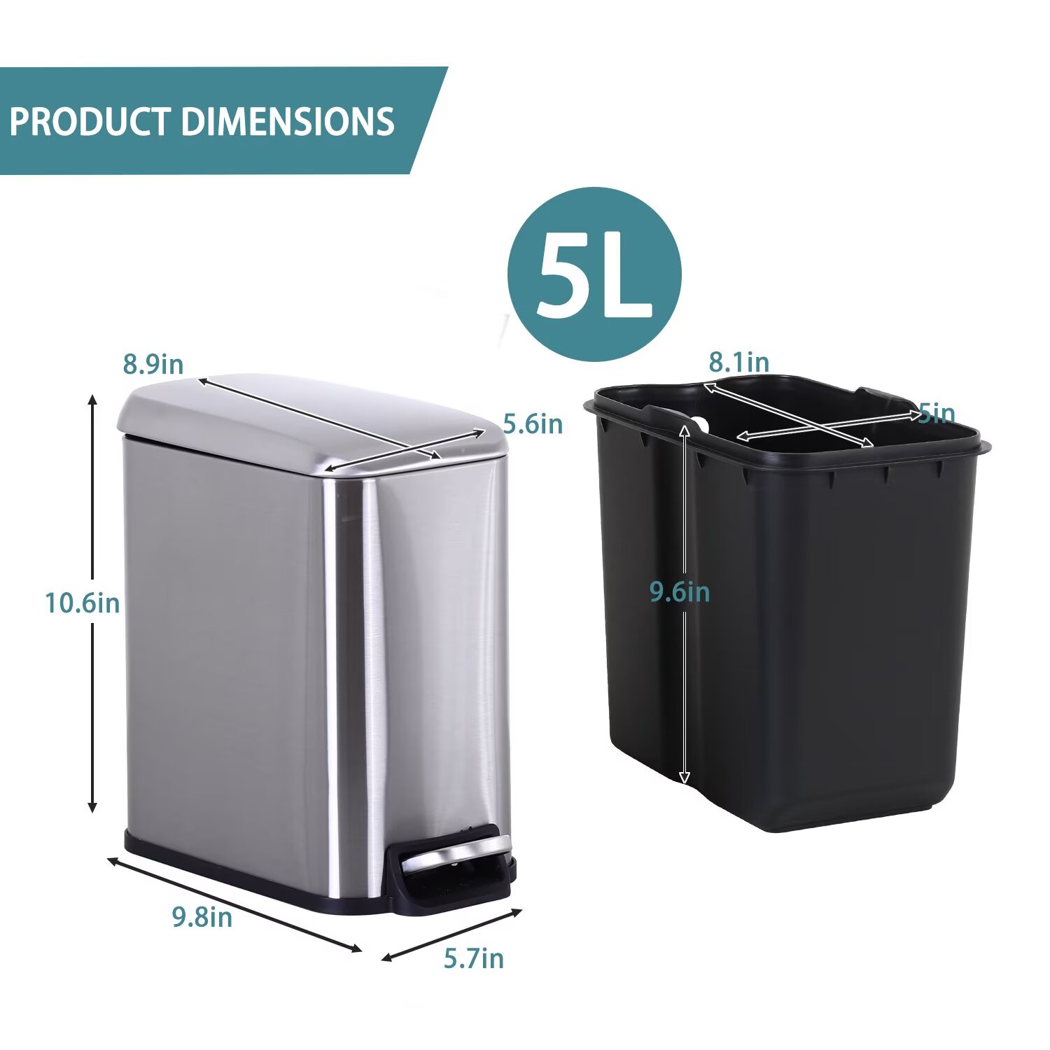 YRLLENSDAN,Stainless Steel Kitchen Trash Cans,Small Trash Can with Lid,Bathroom Trash Cans,Removable Bucket,with Foot Pedal,1.3 Gallon,SS