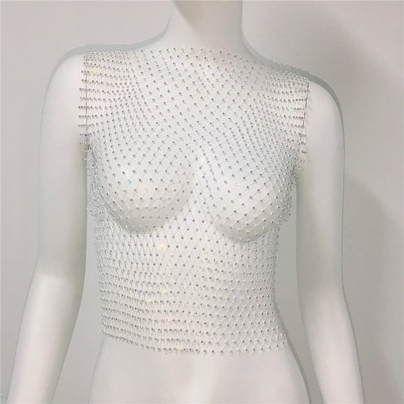 Sexy T Shirt Shiny Rhinestone Fishnet Women Tank Tops Y2K Mesh See Through Crop Top Summer Beach Cover Up Tee Party Nightclub Unisex Men Clothing Fashionable Sparkle Hollow Out Vest Elegant Piece