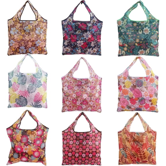 9 Pack Reusable Grocery Bags,Foldable Shopping Bags,Nylon Grocery Tote Bag with Handles,Washable Large Lightweight