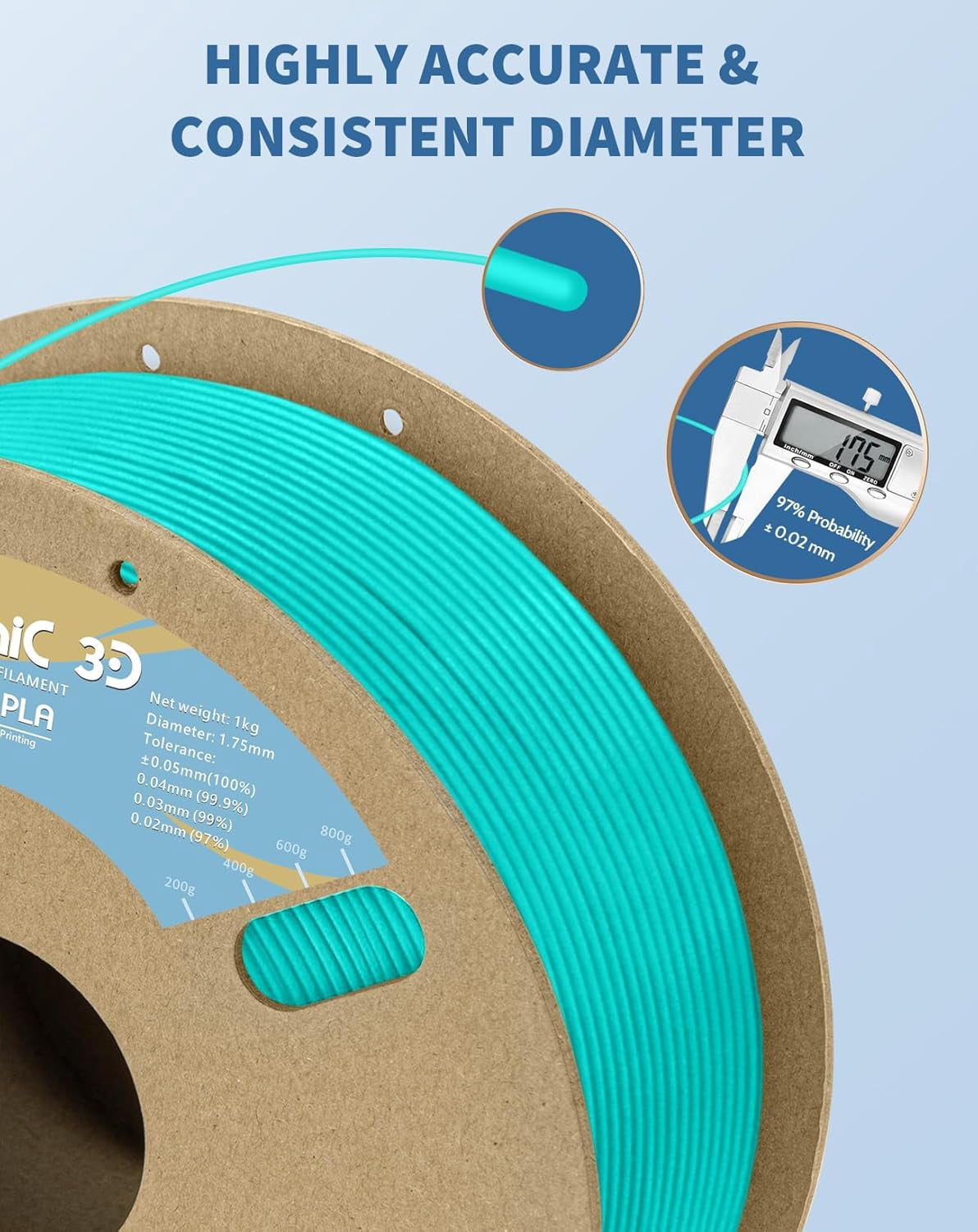 Matte PLA Filament 1.75mm Cyanblue, 1kg Cardboard Spool Matte Finish 3D Printer Filament PLA 1.75mm Dimensional Accuracy 99% +/- 0.03 mm, Printing with FDM 3D Printer