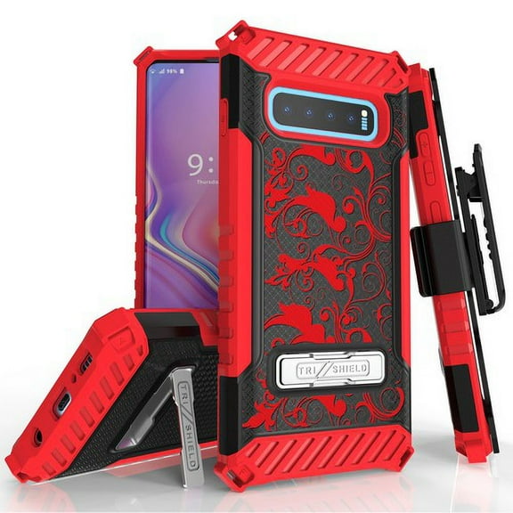 Galaxy S10 Plus (SM-G975) Case, TRISHIELD Rugged Cover With   [Belt Clip Holster]   [Built in kickstand] For Samsung Galaxy S10 Plus - Classic Flower Red/Bk
