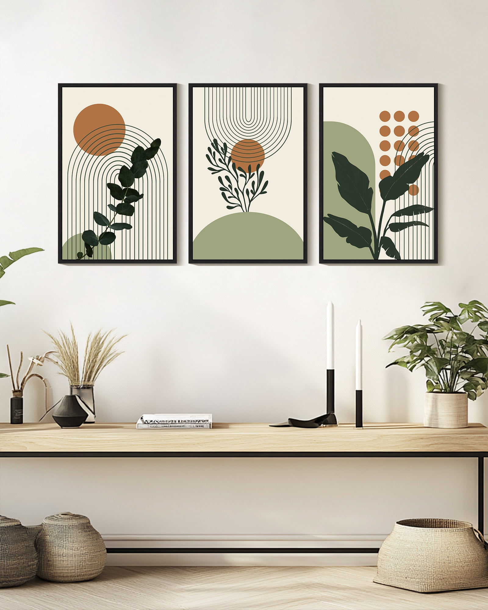 Drsoum 16x24in3pcs Black Framed Boho Plant Wall Decor Green Botanical Bohemain Wall Printing Abstract Prints with Leaf & Sun Lines Art
