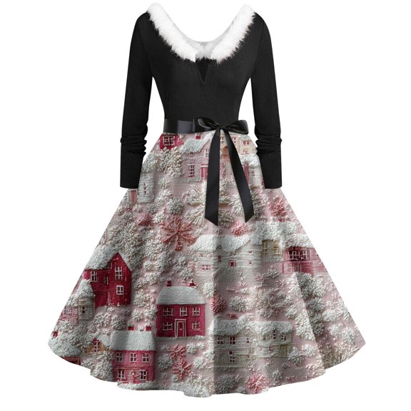 Women's Fashion Round Neck Casual Slim Christmas Printed Long Sleeve Dresses, V-Neck, Plush Christmas Tree Print, Audrey Dress, Retro Style, Party Wear,Pink,5XL