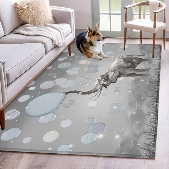 3'x5' Rug for Living Room Bedroom, Gray Elephants Washable Area Rugs Non-Slip Carpet Mats, Modern Vintage Elephants Blowing Bubbles Indoor Low Pile Area Rug Runner for Kitchen, Mudroom