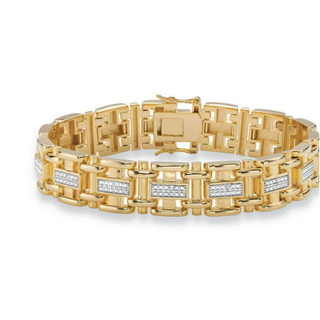 Men's Diamond Accent Pave-Style Two-Tone Bar-Link Bracelet 14k Yellow Gold-Plated 8.5"
