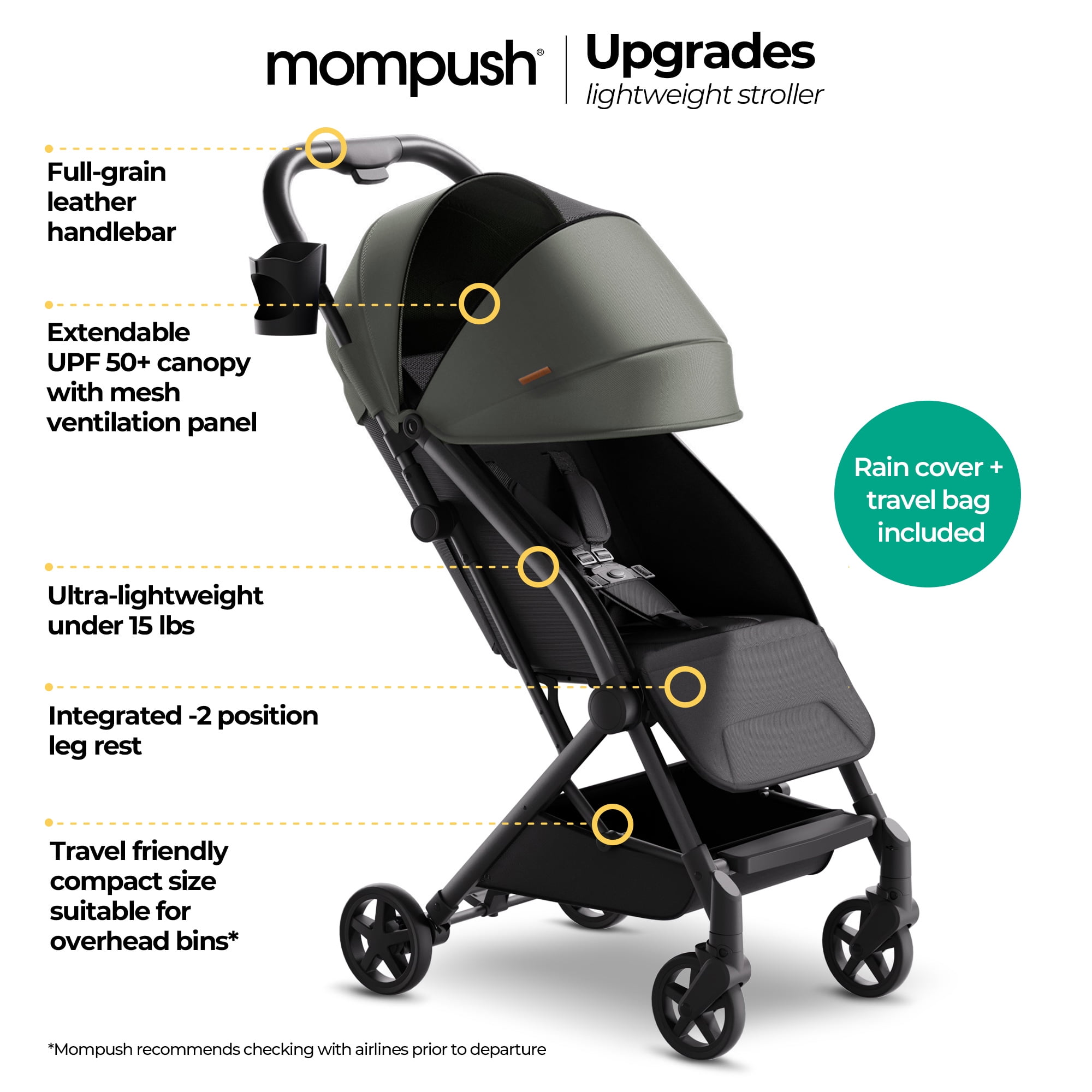 Mompush Lightweight Baby Stroller, Compact Stroller for Airplane Travel, Green, 14.2 lb, Unisex