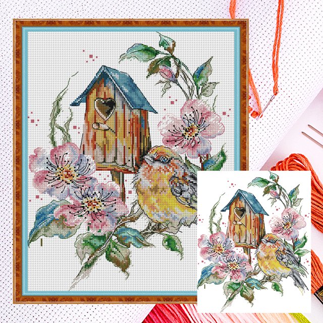 Hilo Algodón Ecológico Bordado Parcial Punto Cruz Nido Pájaro Contado 14 Quilates 30x38cm