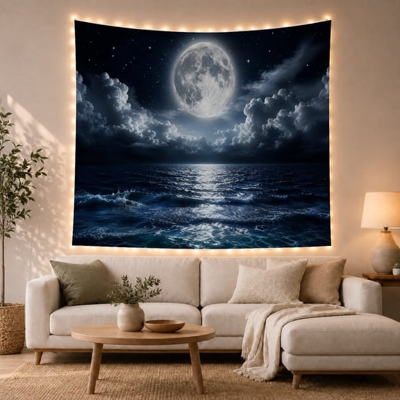 Full Moon Over a Turbulent Ocean, Mystical Digital Art for Ocean Lovers, Lunar Seascape Decor, Housewarming Gift, Tapestry Wall Hanging for Bedroom, Living Room and Dorm