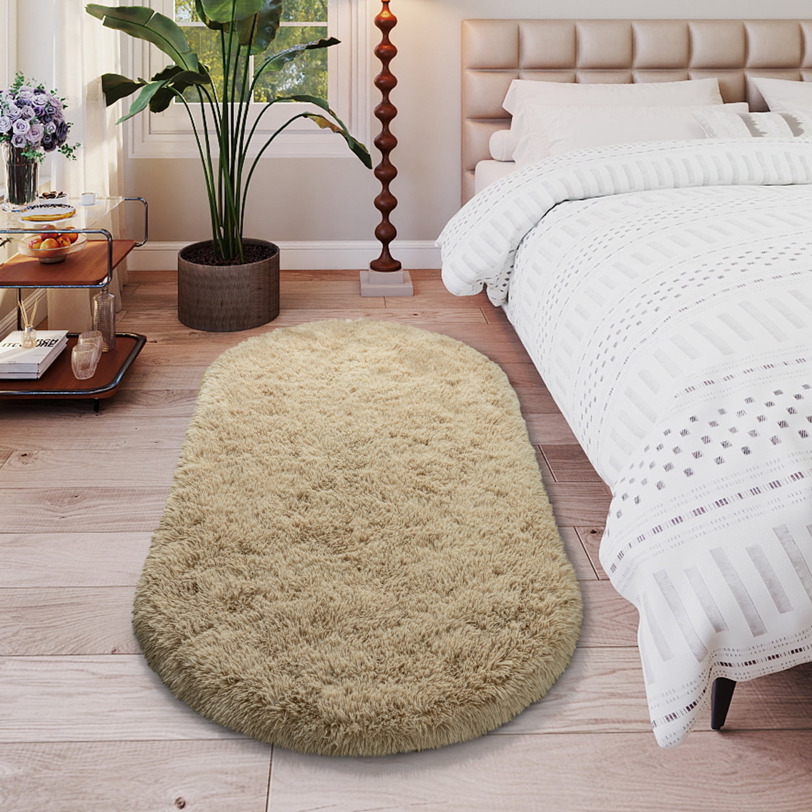 ZENELESS Fluffy Oval Rug for Bedroom, Cute Furry Shaggy Bedside Carpet for Dorm Kids Room Nursery Home Decor, 2.6 x 5.3ft Camel