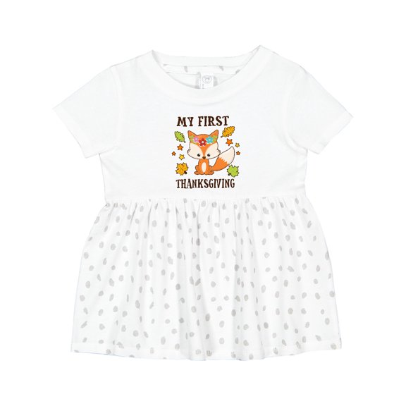 Inktastic My First Thanksgiving with Fall Fox and Leaves Girls Baby Dress