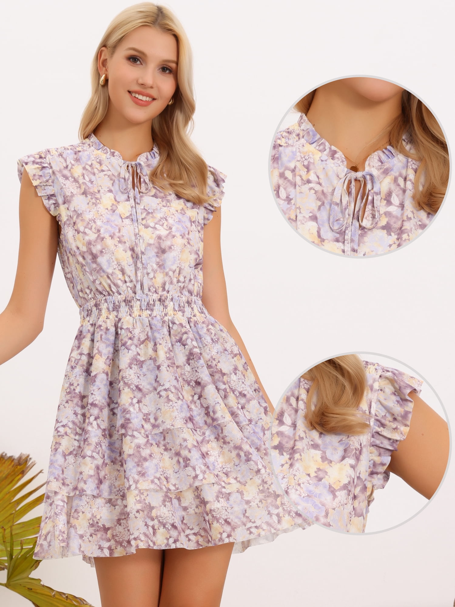 DARING DIVA Women's Floral Ruffled Sleeve Dresses V Neck Sundress XS Light Purple
