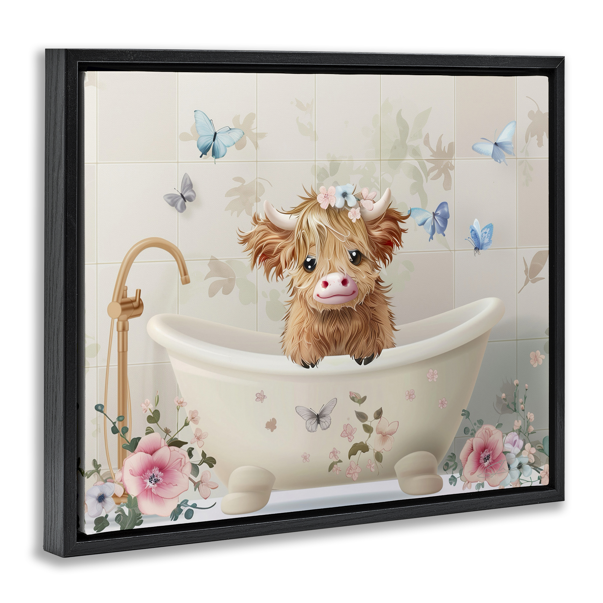 Baby Cattle in Floral Tub Black Framed Floater Canvas Wall Art, design by Shawna Stewart