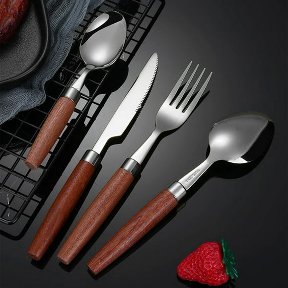 Juego de cubiertos de acero inoxidable | Cuchillo, tenedor, cuchara con mango de clip imitación madera | Agarre ergonómico | 1 pieza | Utensilio duradero resistente al óxido | 20 cm | Vajilla