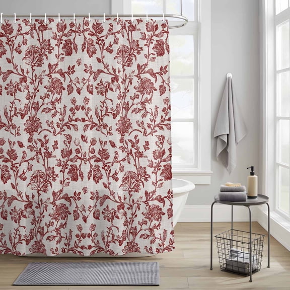 Bathroom Shower Curtain Vintage Rustic Red Flower on Linen Waterproof Shower Curtains with Hooks, Farm Floral Plant Pattern Bath Curtains Bathtub Curtain Home Decor 36x72in
