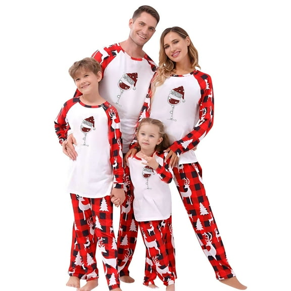 Onlypjs Family Matching Christmas Pajamas – White Top with Santa Hat Wine Glass Print & Red Buffalo Plaid Pants Holiday Sleepwear for Women, Men