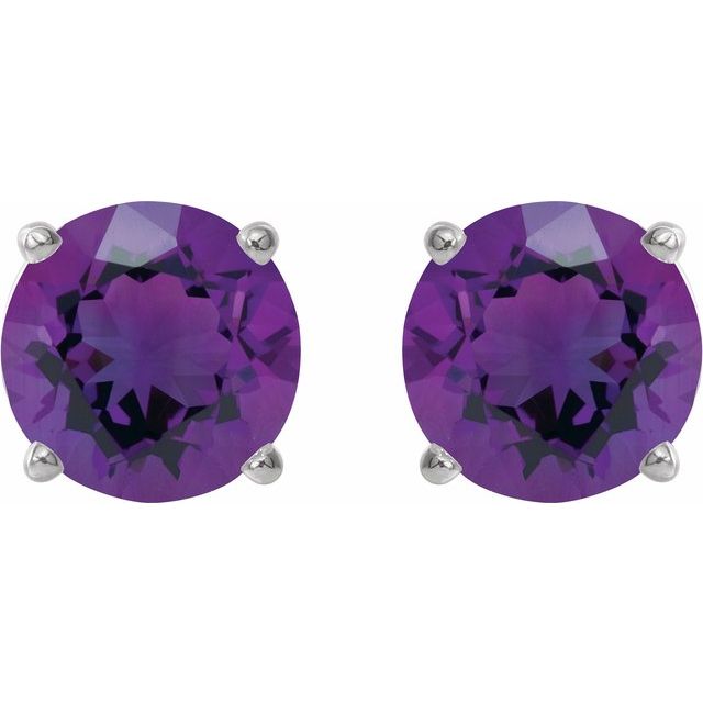 Platinum Round 7 Mm Threaded 4-Prong Natural Amethyst Stud Earrings