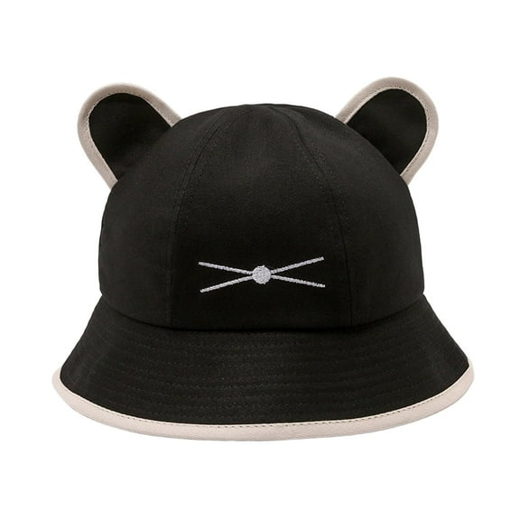 Cat Ear Bucket Hat Spring Summer Wide Brim Breathable Womens Girls Sun Hat Black